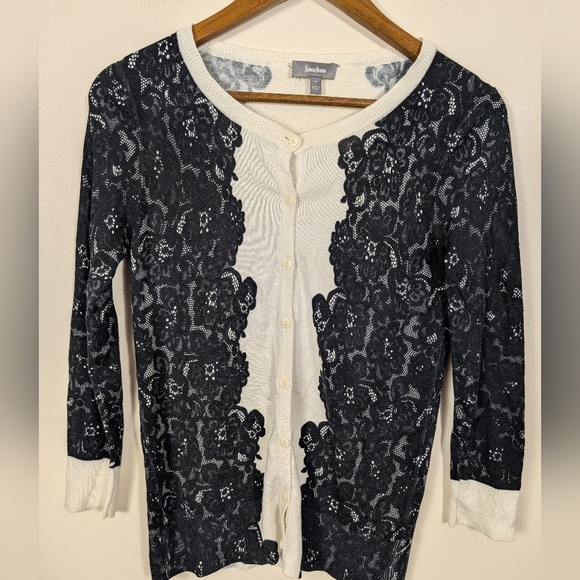 VINTAGE Nieman Marcus Rayon Black Lace Print & Ivory Knit Cardigan Sweater - Picture 7 of 7